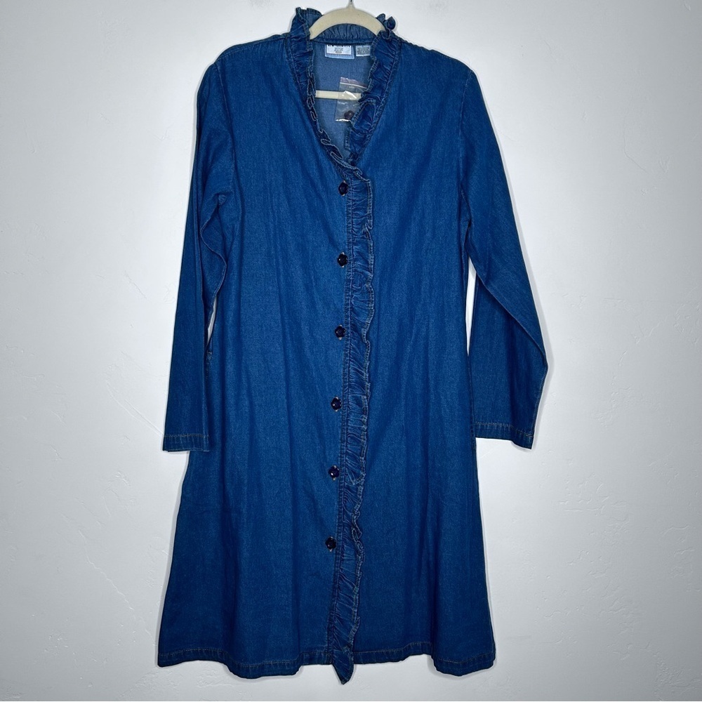 VNTG New Identity Chambray Denim Midi Dress Ruffle Placket Long‎ Sleeve SZ Large